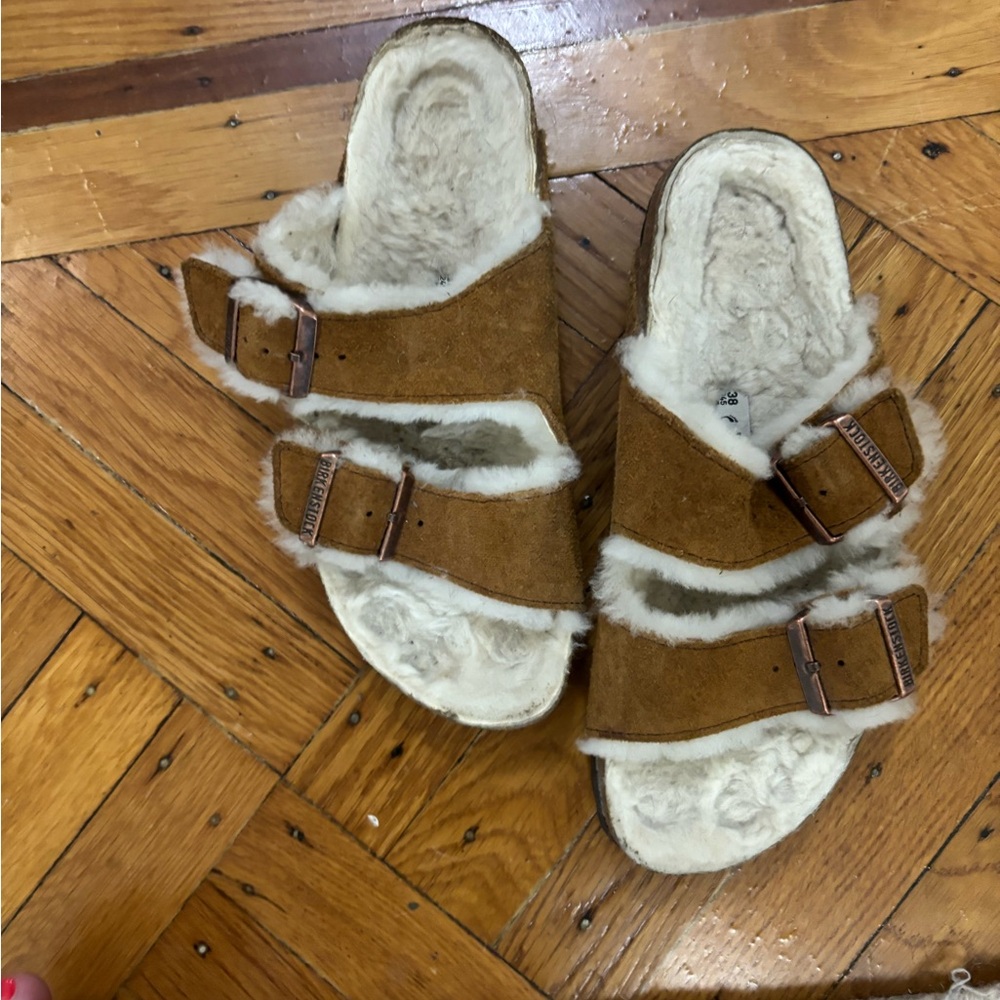 Birkenstock Tan Shearling-Lined Slippers